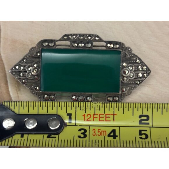 Vintage 1930s Art Deco Sterling Silver Green Agate & Marcasite Brooch - Germany - Picture 11 of 12
